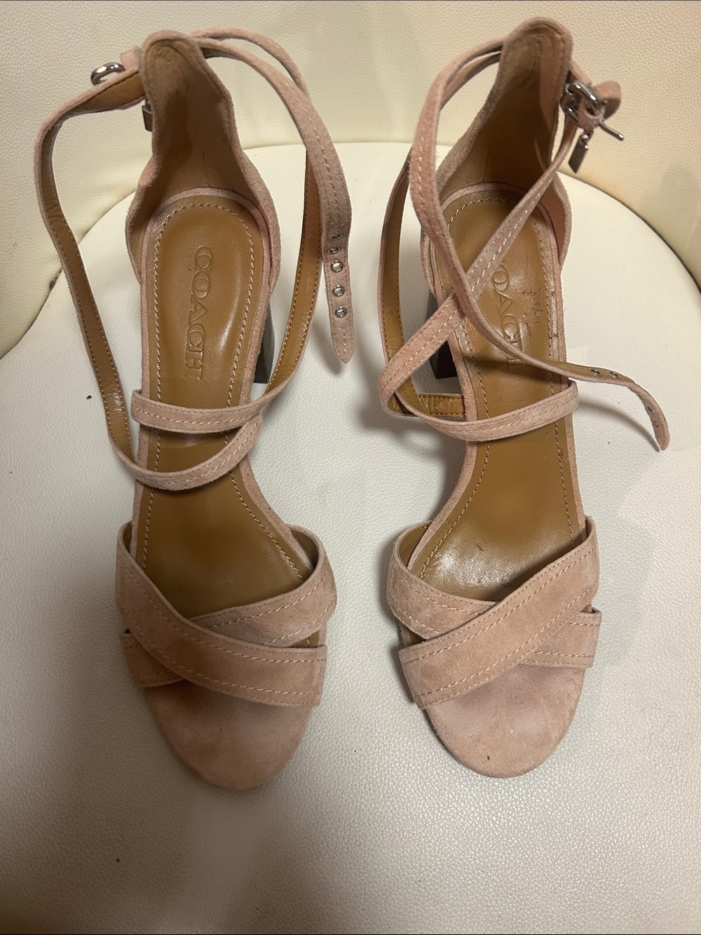 Coach Blush Pink Suede Strappy Block-Heel Sandals